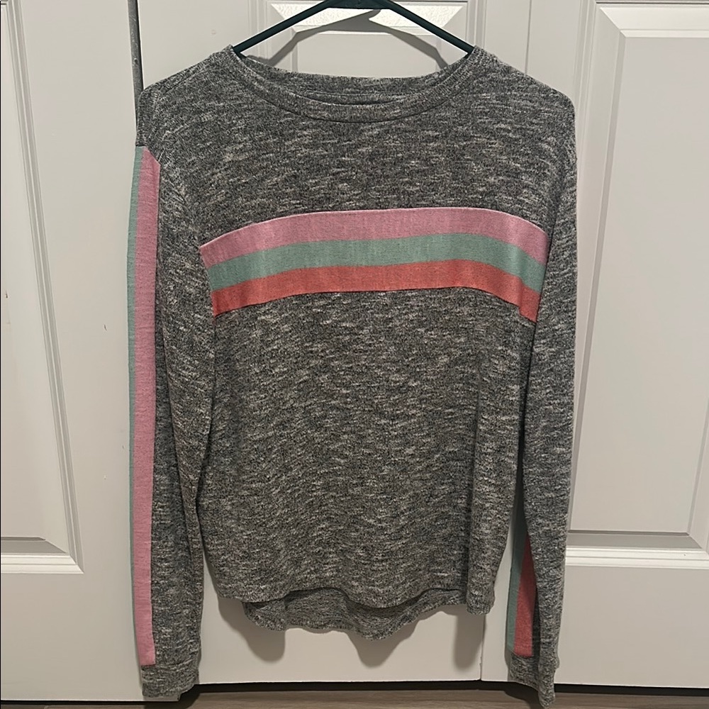Gray Sweater with Multicolor Stripes